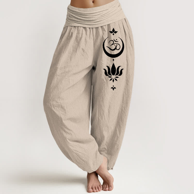 Buddha Stones Harembroek voor dames met elastische Taille en Om Lotus Maan-patroon van 100% Cotton - Bruinen - US16, UK/AU20, EU48 (3XL) - image 11