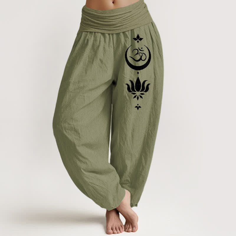 Buddha Stones Harembroek voor dames met elastische Taille en Om Lotus Maan-patroon van 100% Cotton - Olijfgroen - US16, UK/AU20, EU48 (3XL) - image 14