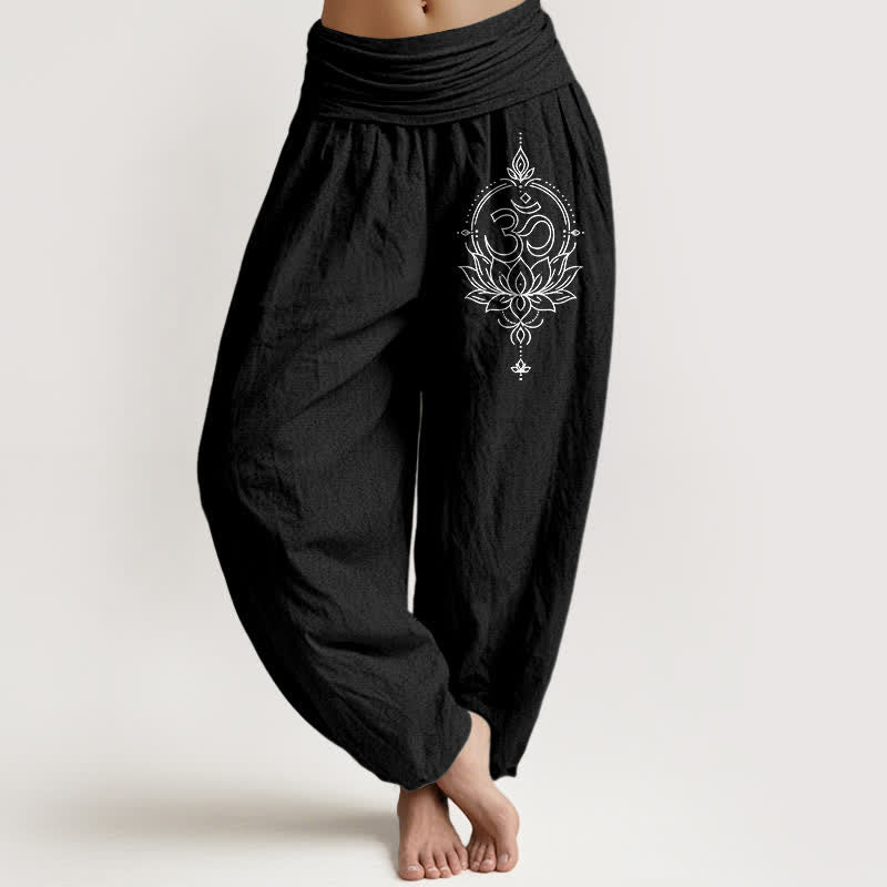 Buddha Stones Harembroek voor dames met elastische Taille en lotus-, om- en mandala-patroon van 100% Cotton - Zwart - US16, UK/AU20, EU48 (3XL) - image 5
