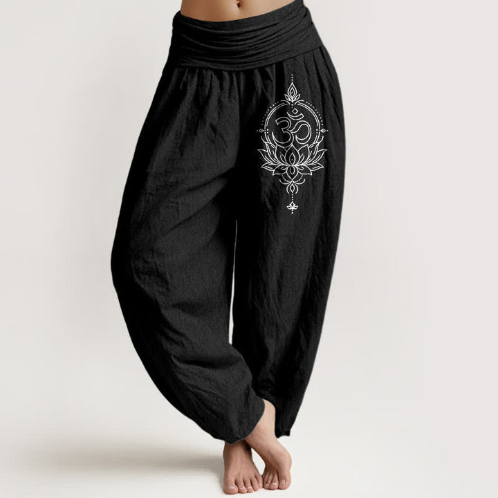 Buddha Stones Harembroek voor dames met elastische Taille en lotus-, om- en mandala-patroon van 100% Cotton - Zwart - US16, UK/AU20, EU48 (3XL) - image 5