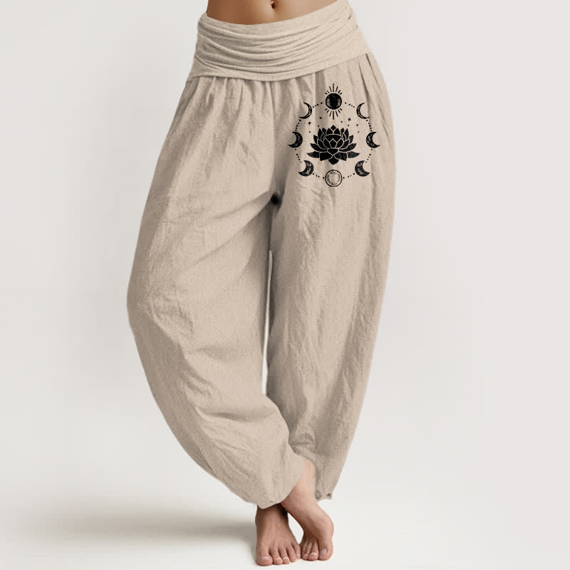 Buddha Stones Harembroek voor dames met elastische Taille, gemaakt van 100% Cotton met lotus- en maanfasenpatroon. - Bruinen - US16, UK/AU20, EU48 (3XL) - image 11
