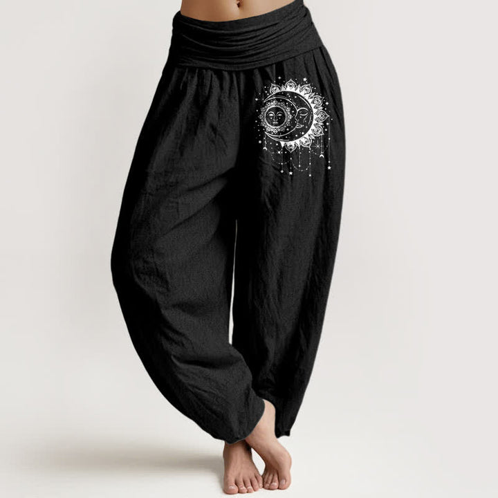 Buddha Stones Harembroek voor dames met elastische Taille en hemels zon- en maanpatroon. - Zwart - US16, UK/AU20, EU48 (3XL) - image 5