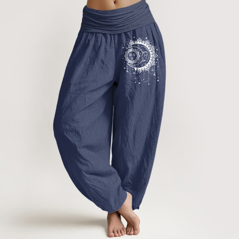 Buddha Stones Harembroek voor dames met elastische Taille en hemels zon- en maanpatroon. - Donker leisteenblauw - US16, UK/AU20, EU48 (3XL) - image 8