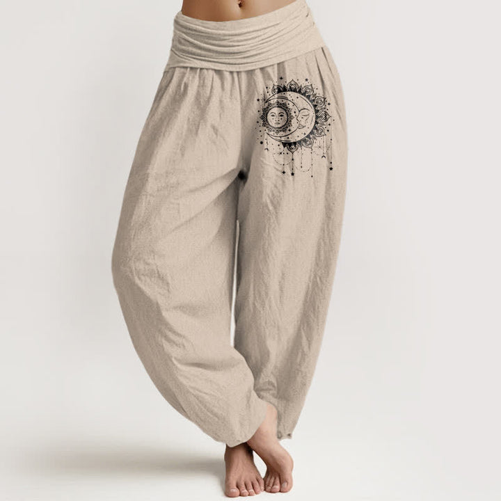 Buddha Stones Harembroek voor dames met elastische Taille en hemels zon- en maanpatroon. - Bruinen - US16, UK/AU20, EU48 (3XL) - image 11