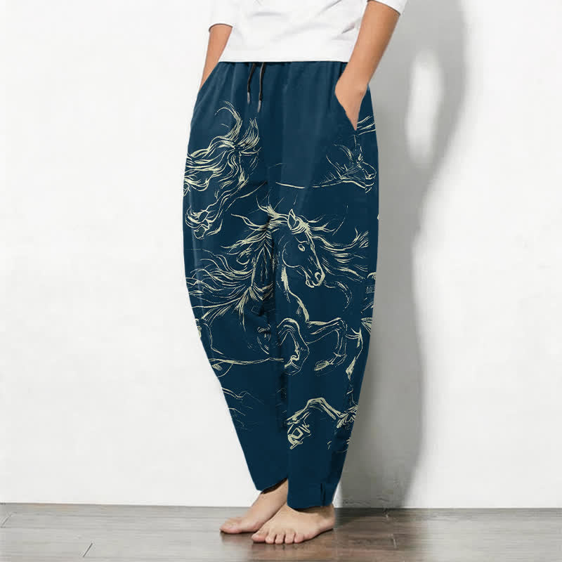 Buddha Stones Getailleerde herenbroek met Zakken , met lijntekening van een rennend paard , 100% Cotton. - image 1