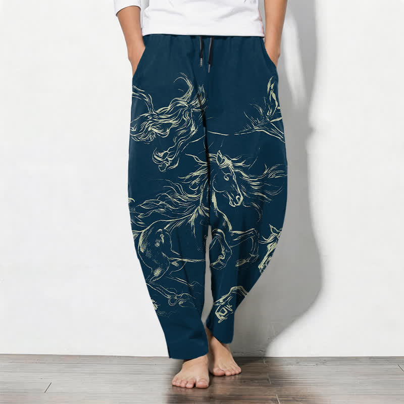 Buddha Stones Getailleerde herenbroek met Zakken , met lijntekening van een rennend paard , 100% Cotton. - Marine - US/UK/AU50, EU60 (5XL) - image 0