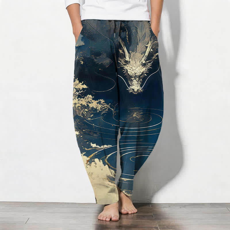 Buddha Stones Herenbroek van 100% Cotton met gouden drakengolfpatroon, trekkoord en taps toelopende pijpen, inclusief Zakken. - Marine - US/UK/AU50, EU60 (5XL) - image 0