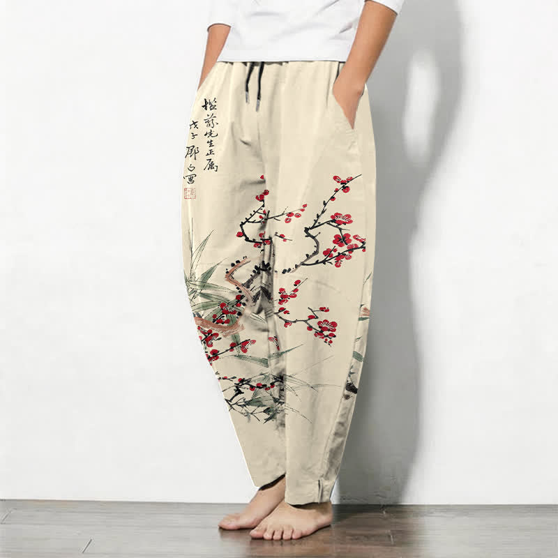 Buddha Stones Taps toelopende herenbroek van 100% Cotton met pruimenbloesemprint en trekkoord, inclusief Zakken. - image 1