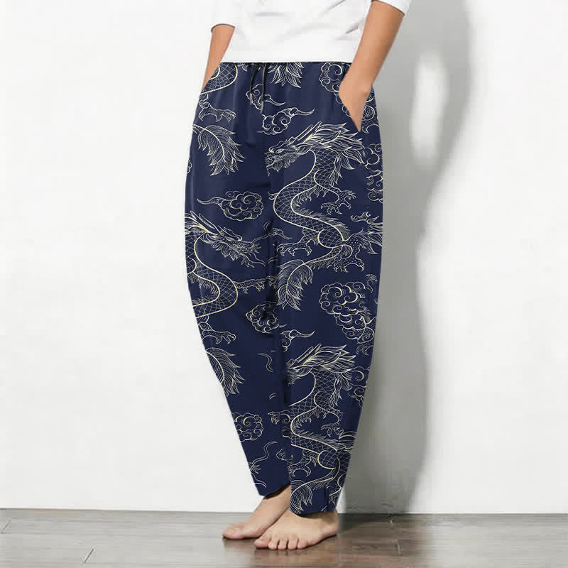 Buddha Stones 100% Cotton herenbroek met oosters draken- en wolkenpatroon, trekkoord en Zakken. - image 1