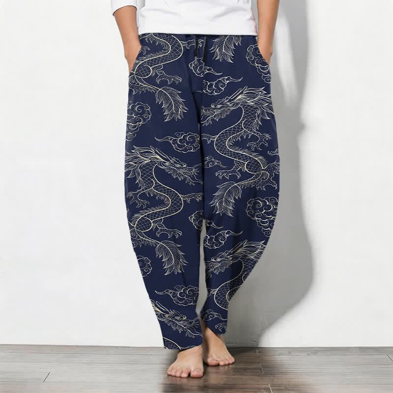 Buddha Stones 100% Cotton herenbroek met oosters draken- en wolkenpatroon, trekkoord en Zakken. - Marine - US/UK/AU50, EU60 (5XL) - image 0