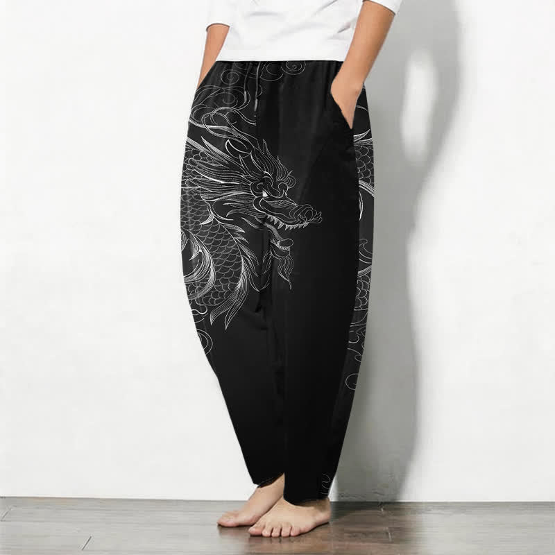 Buddha Stones Herenbroek met trekkoord en Zakken , met drakenmotief in lijntekeningstijl , van 100% Cotton. - image 1