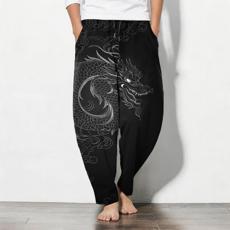 Buddha Stones Herenbroek met trekkoord en Zakken , met drakenmotief in lijntekeningstijl , van 100% Cotton. - Zwart - US/UK/AU50, EU60 (5XL) - image 0