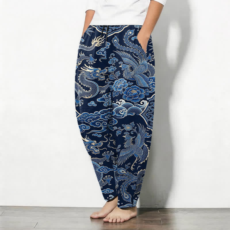 Buddha Stones Herenbroek van 100% Cotton met azuurblauw drakenwolkenpatroon, trekkoord en Zakken. - image 1