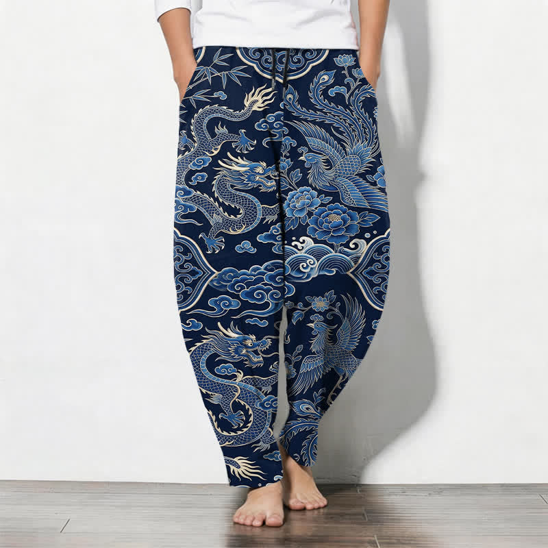 Buddha Stones Herenbroek van 100% Cotton met azuurblauw drakenwolkenpatroon, trekkoord en Zakken. - Marine - US/UK/AU50, EU60 (5XL) - image 0