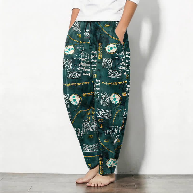 Buddha Stones Borrelende herenbroek van 100% Cotton met boho-design, geometrisch medaillonpatroon, trekkoord en Zakken. - image 1