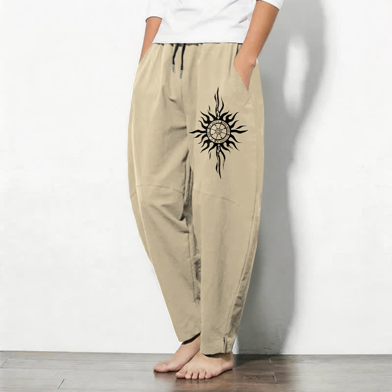 Buddha Stones Getailleerde herenbroek van 100% Cotton met tribaal zonnepatroon, trekkoord en Zakken. - image 1