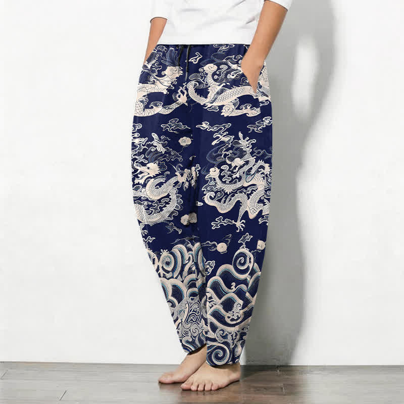Buddha Stones Getailleerde herenbroek van 100% Cotton met drakengolfpatroon, trekkoord en Zakken. - image 1