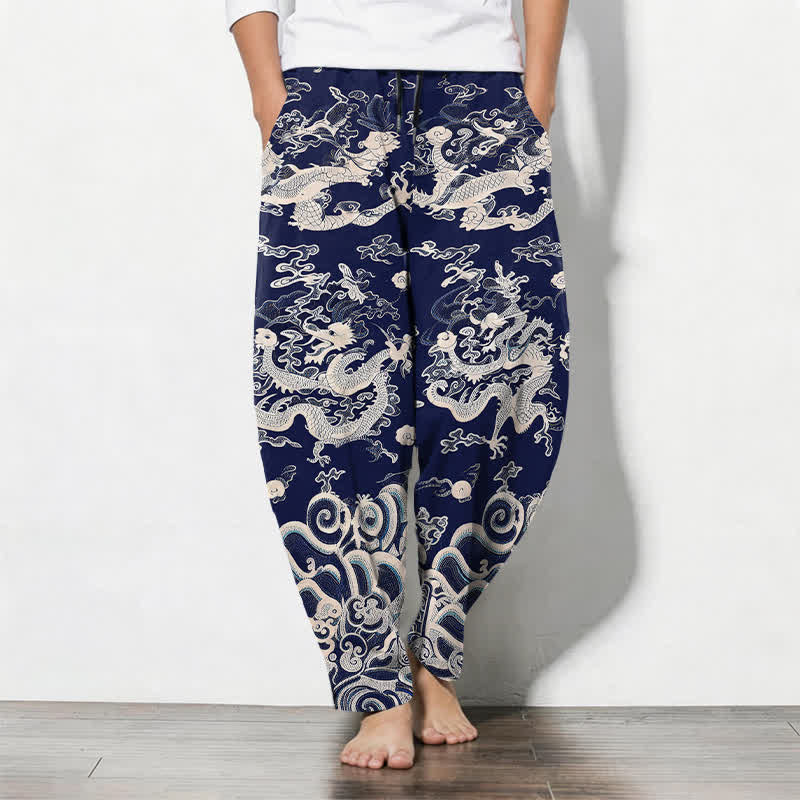 Buddha Stones Getailleerde herenbroek van 100% Cotton met drakengolfpatroon, trekkoord en Zakken. - Marine - US/UK/AU50, EU60 (5XL) - image 0