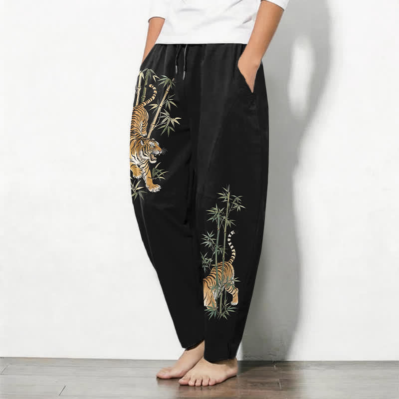 Buddha Stones Herenbroek van 100% Cotton met tijger- en bamboeprint, trekkoord en Zakken. - image 1