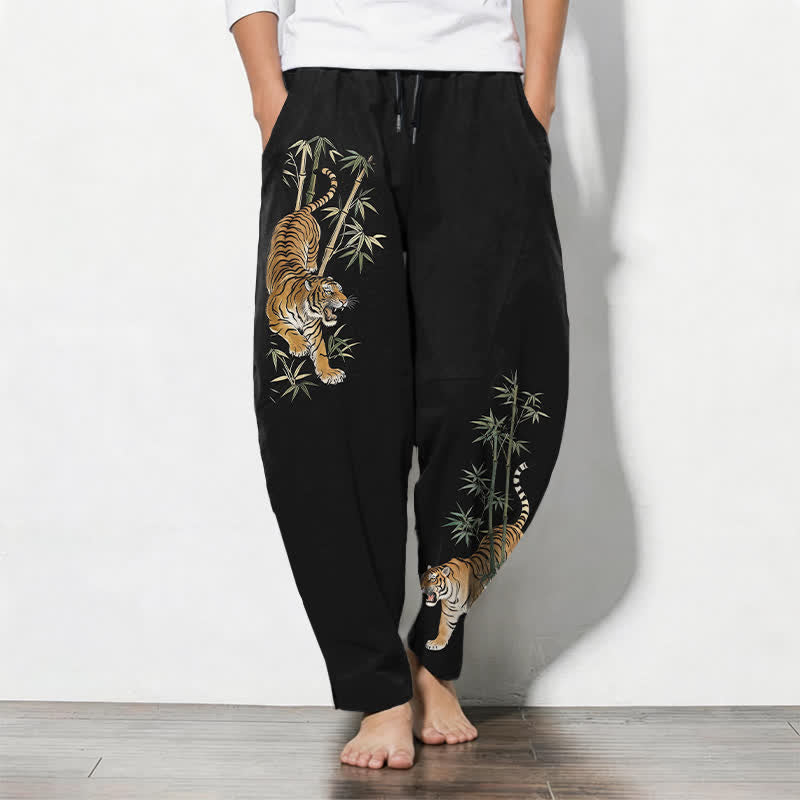 Buddha Stones Herenbroek van 100% Cotton met tijger- en bamboeprint, trekkoord en Zakken. - Zwart - US/UK/AU50, EU60 (5XL) - image 0