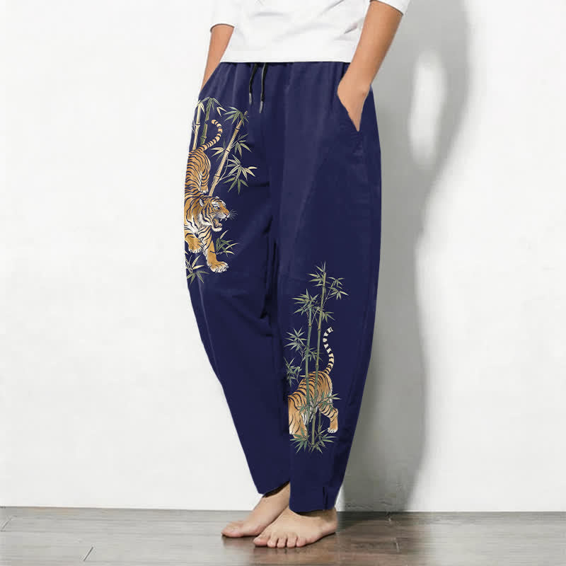 Buddha Stones Herenbroek van 100% Cotton met tijger- en bamboeprint, trekkoord en Zakken. - image 12