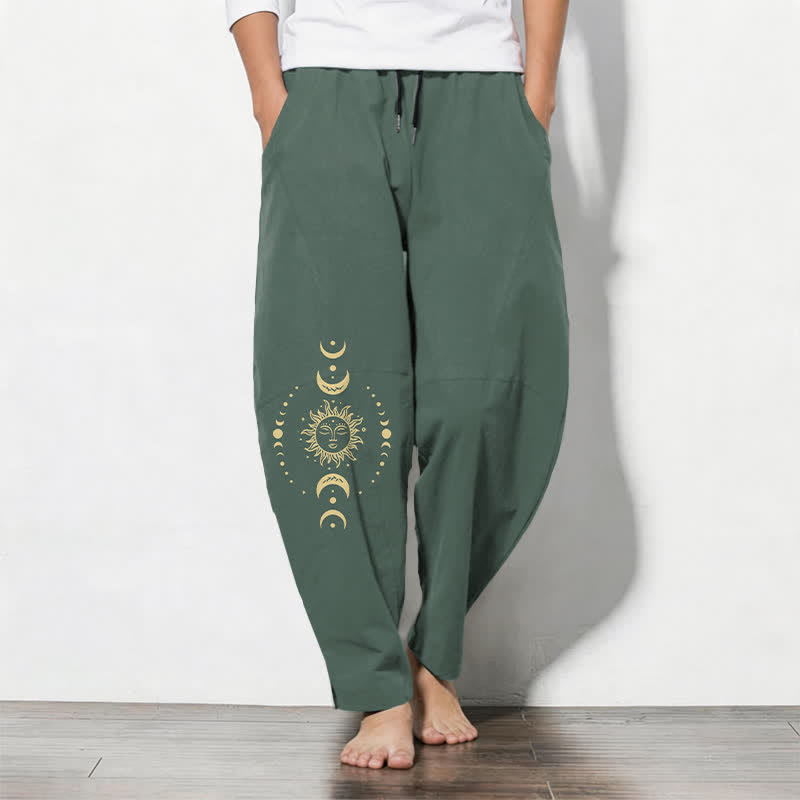 Buddha Stones Getailleerde herenbroek van 100% Cotton met Zakken en zakken, met een hemels zon- en maanpatroon. - Zeegroen - US/UK/AU50, EU60 (5XL) - image 0