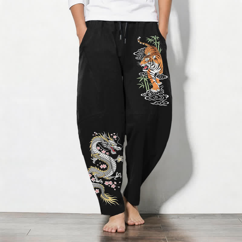 Buddha Stones Herenbroek van 100% Cotton met Zakken , taps toelopend model, met tijger- en drakenpatroon. - Zwart - US/UK/AU50, EU60 (5XL) - image 0