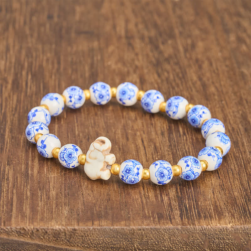 Buddha Stones Witte porseleinen olifant Armband met ronde kralen - image 3