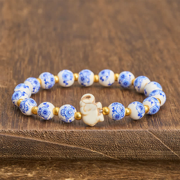 Buddha Stones Witte porseleinen olifant Armband met ronde kralen - image 2