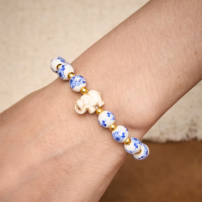 Buddha Stones Witte porseleinen olifant Armband met ronde kralen - image 4