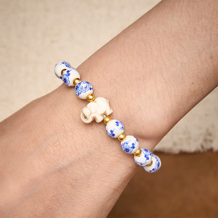 Buddha Stones Witte porseleinen olifant Armband met ronde kralen - image 4