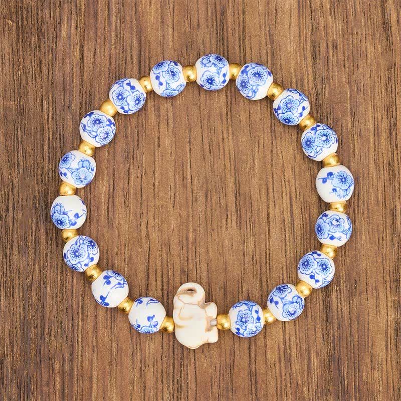 Buddha Stones Witte porseleinen olifant Armband met ronde kralen - image 1