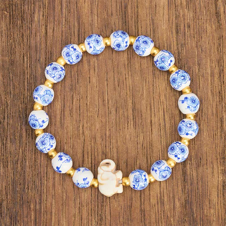 Buddha Stones Witte porseleinen olifant Armband met ronde kralen - image 1