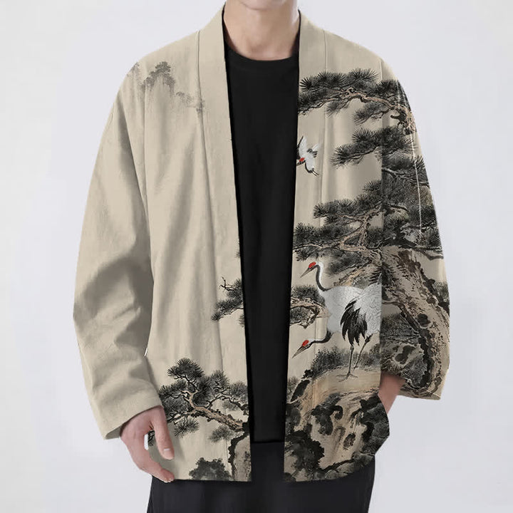 Buddha Stones Katoenen dennenkraanvogel inktpatroon open herenkimono - Beige - US/UK/AU48, EU58 (4XL) - image 0
