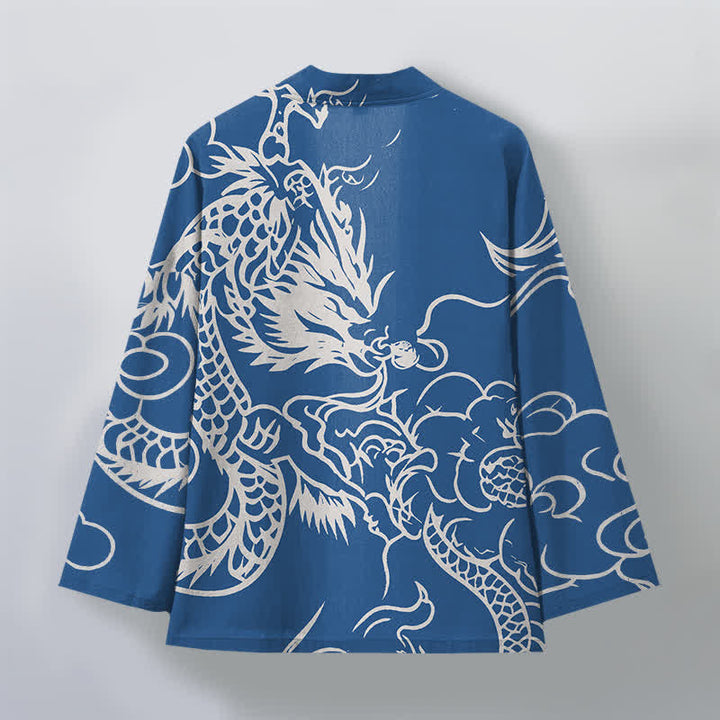 Buddha Stones Witte katoenen kimono met draak- en wolkenpatroon en open voorkant voor heren - image 2