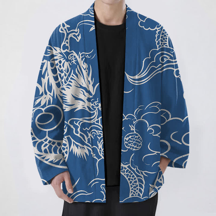 Buddha Stones Witte katoenen kimono met draak- en wolkenpatroon en open voorkant voor heren - Koningsblauw - US/UK/AU48, EU58 (4XL) - image 0