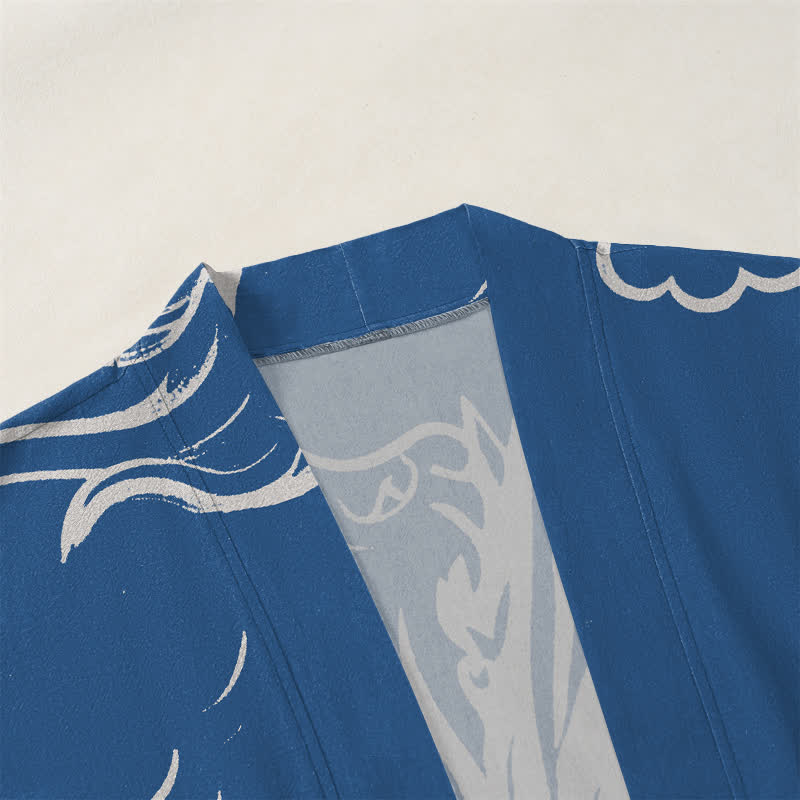 Buddha Stones Witte katoenen kimono met draak- en wolkenpatroon en open voorkant voor heren - image 3