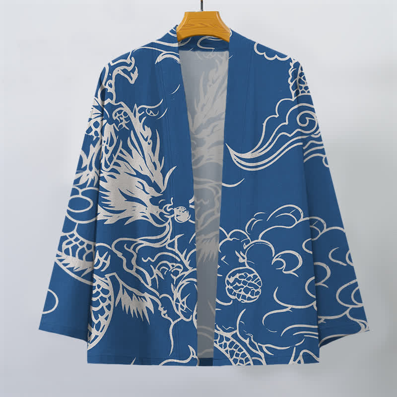 Buddha Stones Witte katoenen kimono met draak- en wolkenpatroon en open voorkant voor heren - image 1