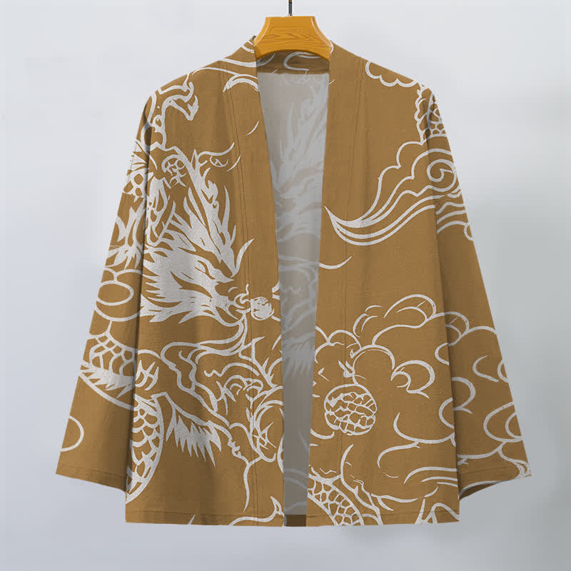 Buddha Stones Witte katoenen kimono met draak- en wolkenpatroon en open voorkant voor heren - image 7