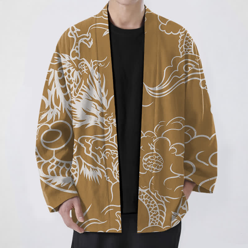 Buddha Stones Witte katoenen kimono met draak- en wolkenpatroon en open voorkant voor heren - Guldenroede - US/UK/AU48, EU58 (4XL) - image 6