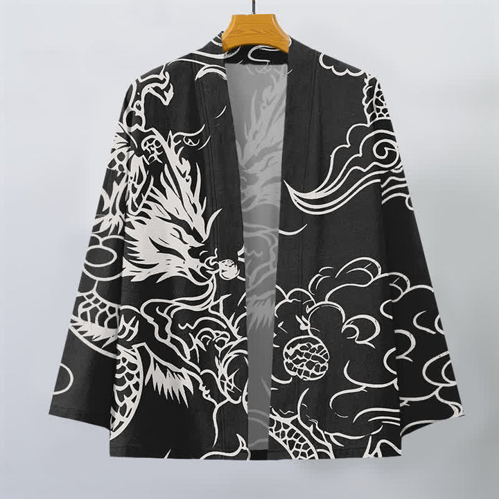 Buddha Stones Witte katoenen kimono met draak- en wolkenpatroon en open voorkant voor heren - image 10