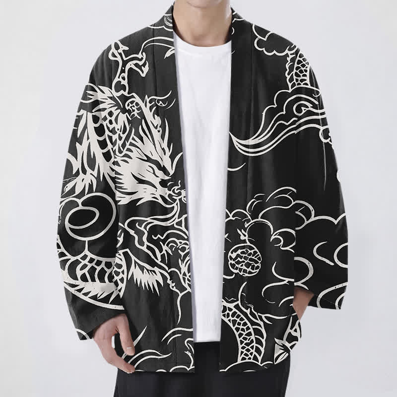 Buddha Stones Witte katoenen kimono met draak- en wolkenpatroon en open voorkant voor heren - Zwart - US/UK/AU48, EU58 (4XL) - image 9