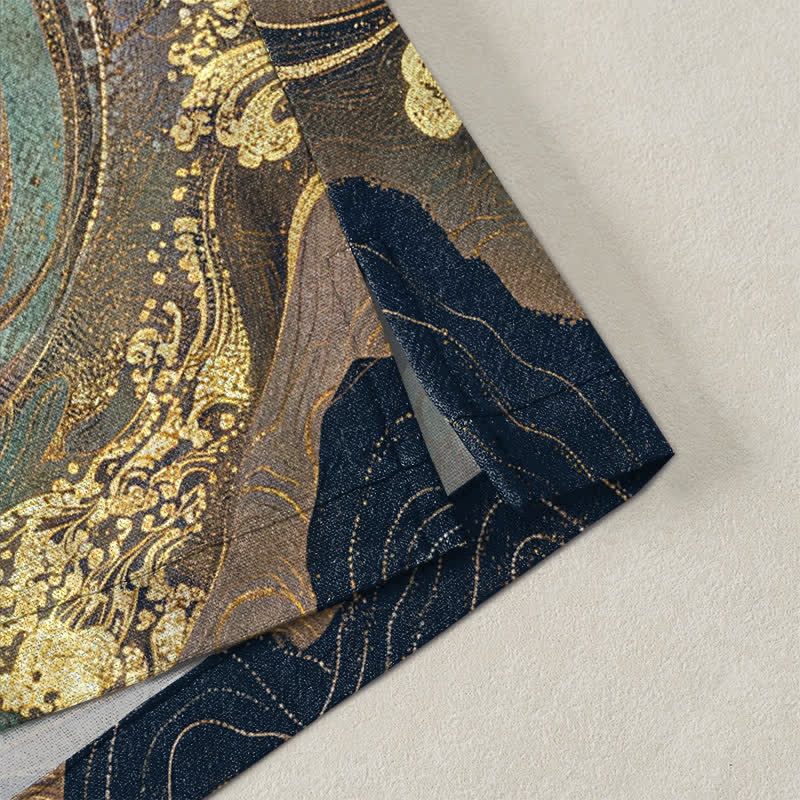 Buddha Stones Katoenen herenkimono met gouden kraanvogelwolkenpatroon en open voorkant. - image 4