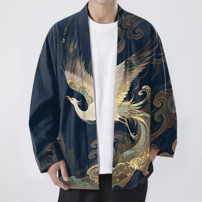 Buddha Stones Katoenen herenkimono met gouden kraanvogelwolkenpatroon en open voorkant. - Marine - US/UK/AU48, EU58 (4XL) - image 0