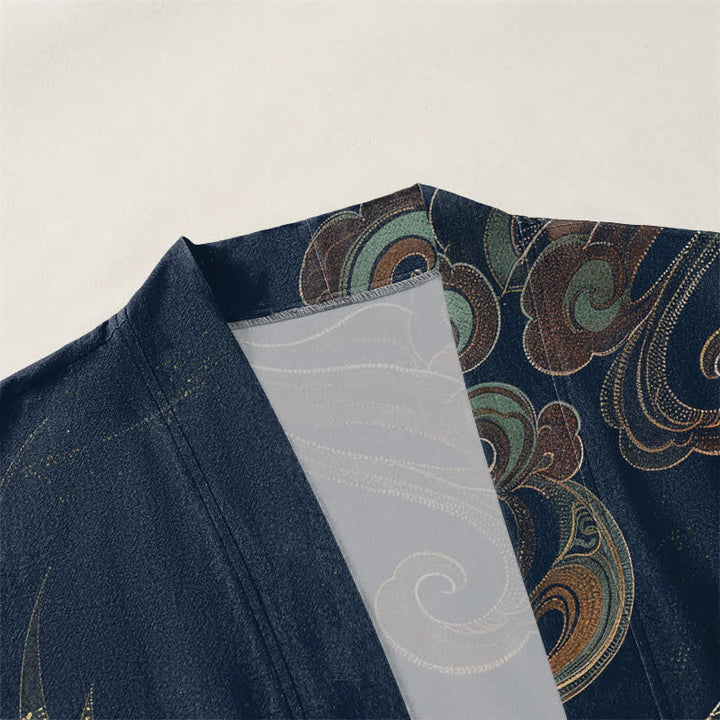 Buddha Stones Katoenen herenkimono met gouden kraanvogelwolkenpatroon en open voorkant. - image 3