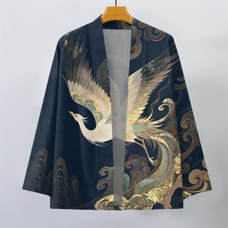 Buddha Stones Katoenen herenkimono met gouden kraanvogelwolkenpatroon en open voorkant. - image 1
