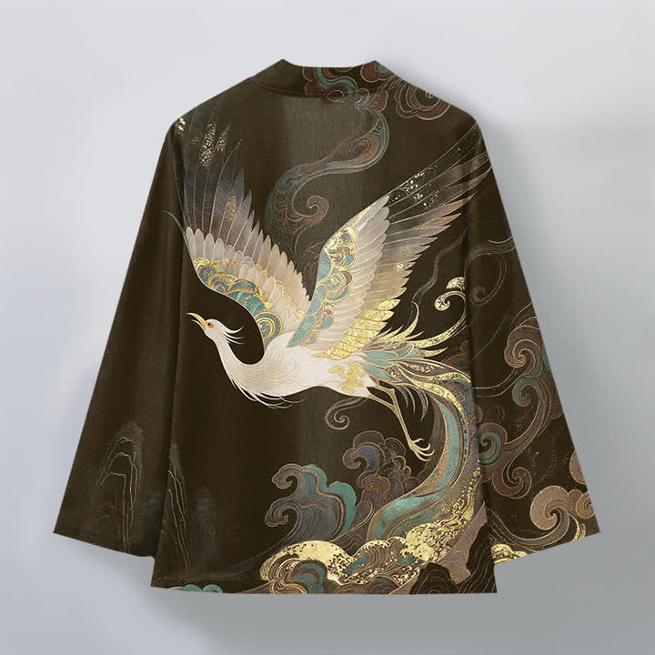 Buddha Stones Katoenen herenkimono met gouden kraanvogelwolkenpatroon en open voorkant. - image 8