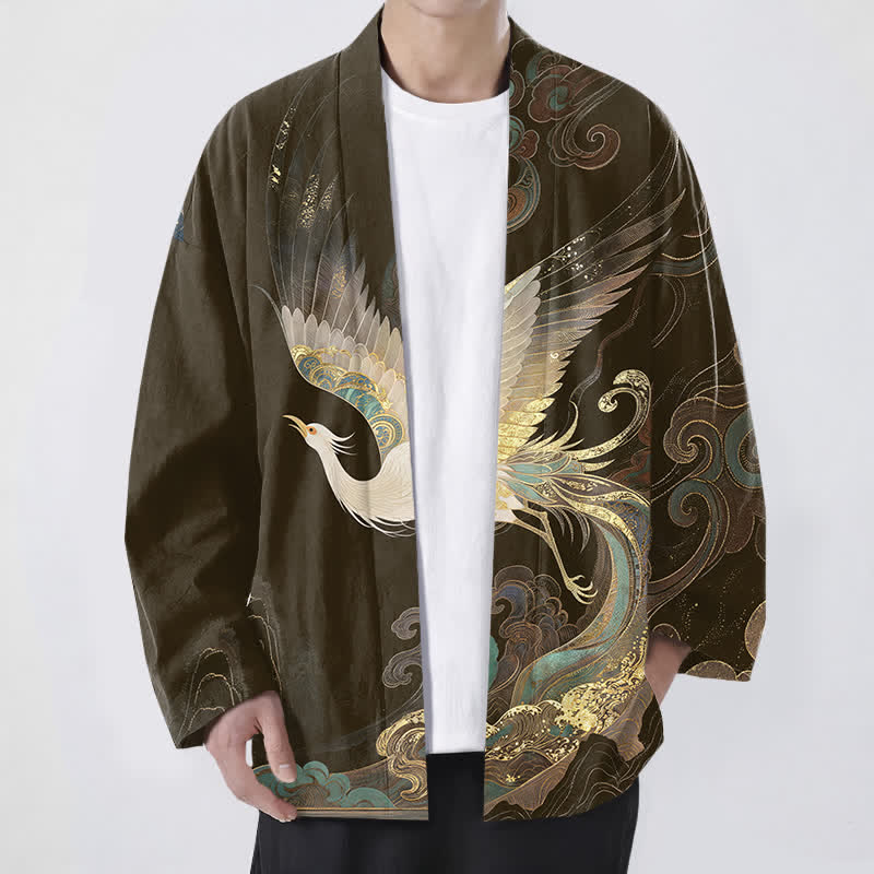 Buddha Stones Katoenen herenkimono met gouden kraanvogelwolkenpatroon en open voorkant. - Zadelbruin - US/UK/AU48, EU58 (4XL) - image 6