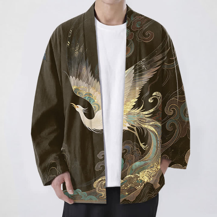 Buddha Stones Katoenen herenkimono met gouden kraanvogelwolkenpatroon en open voorkant. - Zadelbruin - US/UK/AU48, EU58 (4XL) - image 6