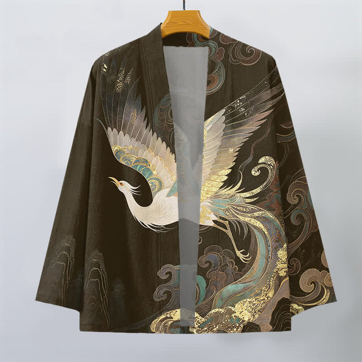 Buddha Stones Katoenen herenkimono met gouden kraanvogelwolkenpatroon en open voorkant. - image 7